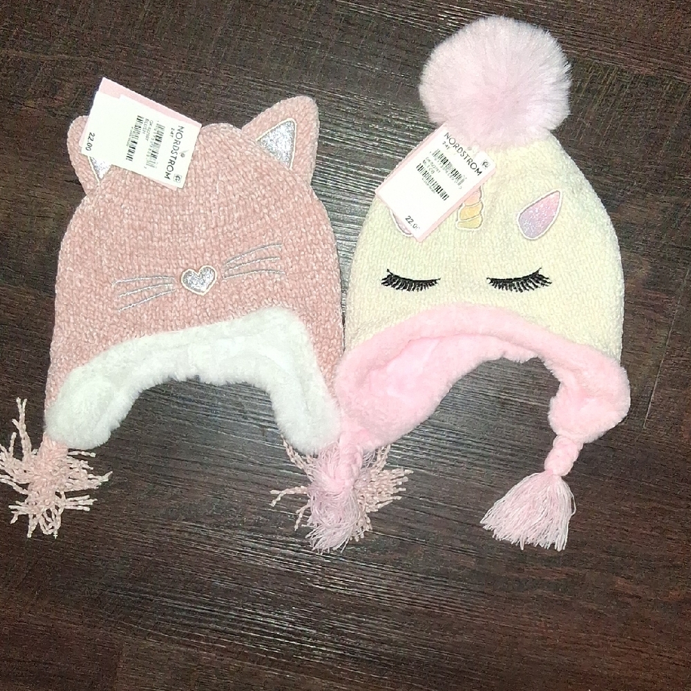 Nordstrom Pink and Cream Animal Knit Beanie Set